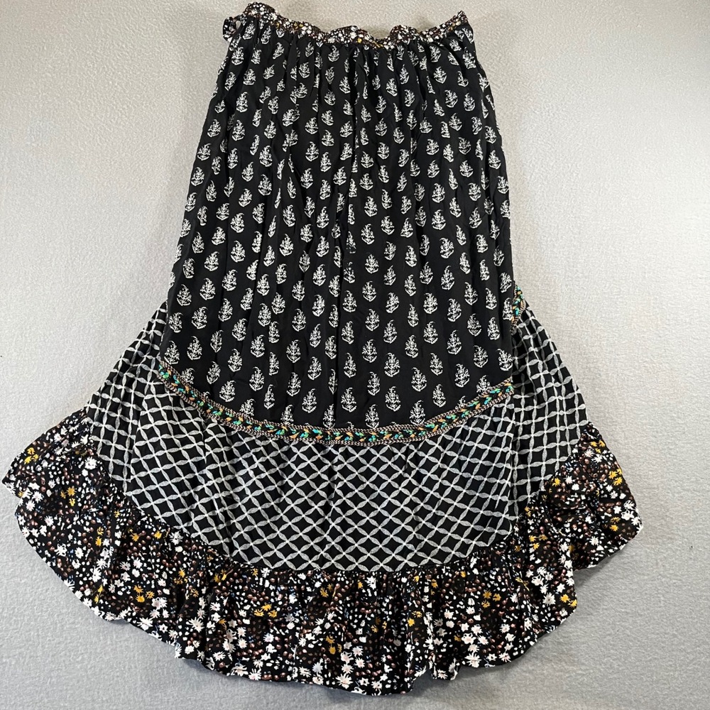 Christian Siriano Womens Small Mixed‎ Print boho Ruffle Wrap Maxi Skirt Black - Picture 2 of 11